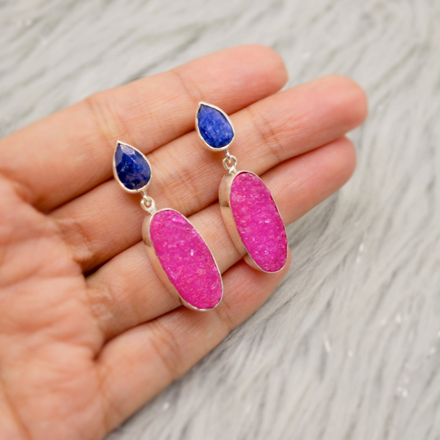 Blue Sapphire, Pink Druzy Agate Silver Earrings, September Birthstone Sapphire Earrings, Elegant Unique Boho Earrings Gift For Her