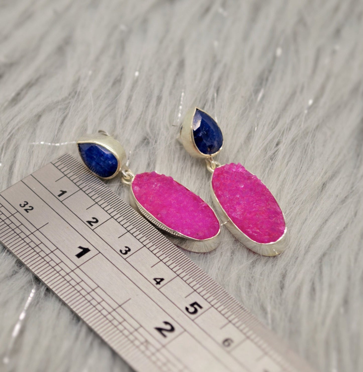 Blue Sapphire, Pink Druzy Agate Silver Earrings, September Birthstone Sapphire Earrings, Elegant Unique Boho Earrings Gift For Her