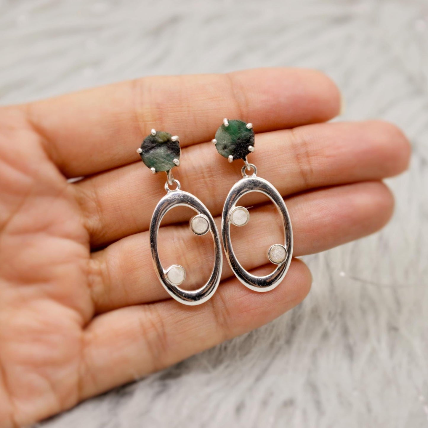 Emerald, Moonstone Silver Earrings, Emerald Jewelry, May Birthstone, Minimalist Green Earrings, Unique Sterling Silver Drop Earrings