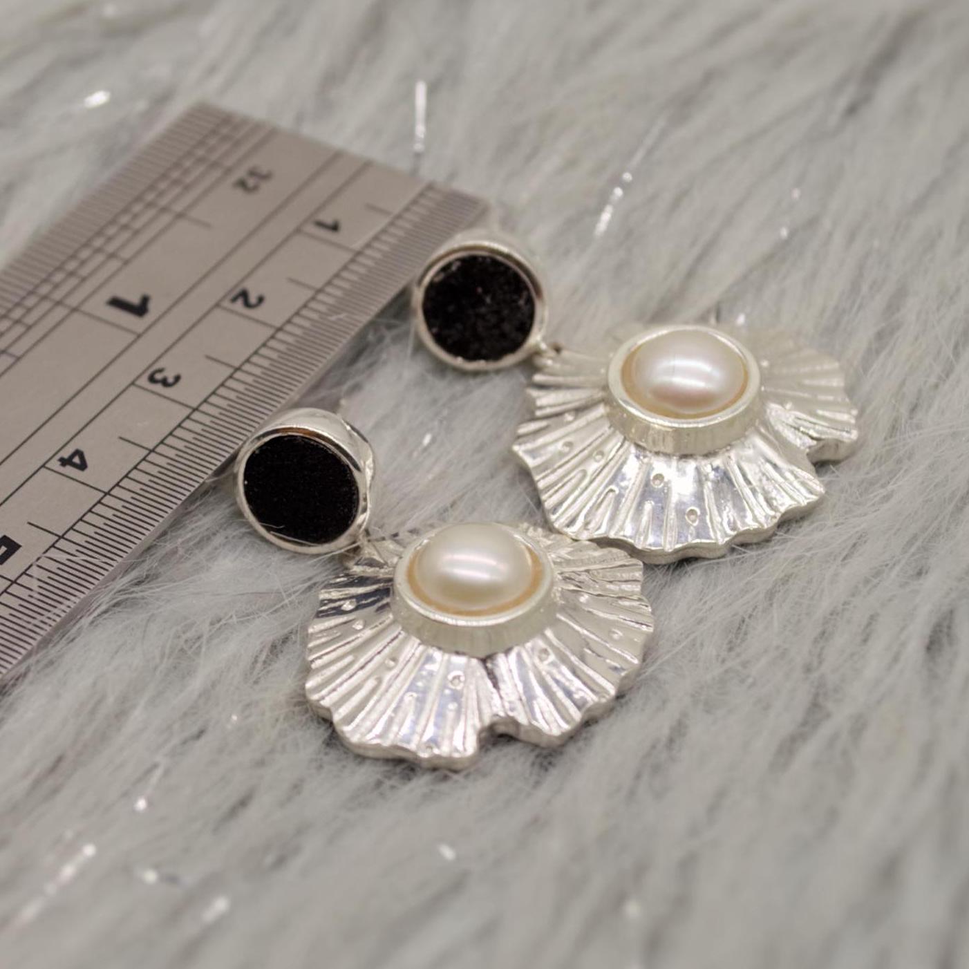 Pearl, Black Onyx Sterling Silver Earrings, June Birthstone, Dainty Statement Unique Gemstone Dangle Drop Earrings, Gifts For Her