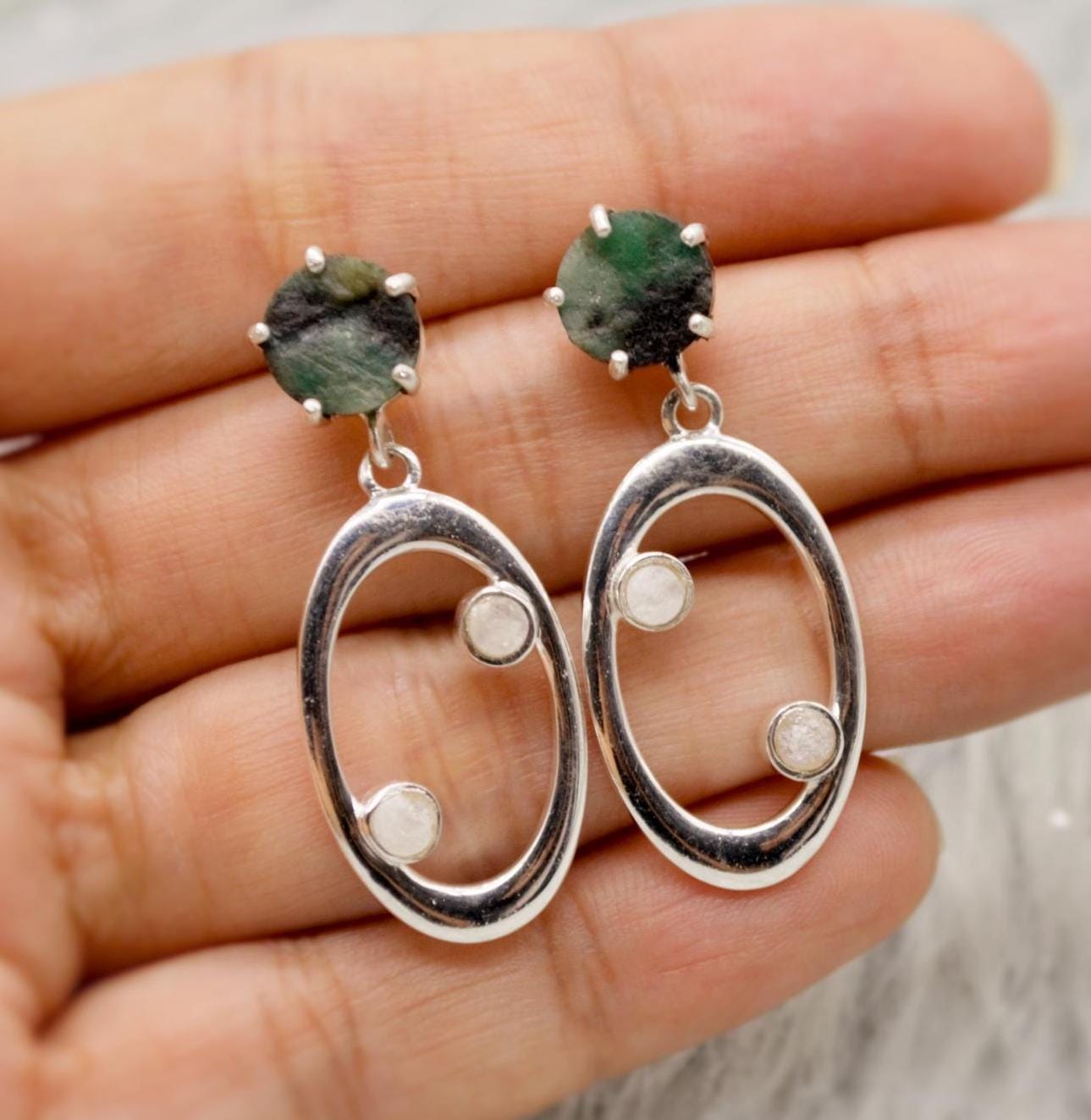 Emerald, Moonstone Silver Earrings, Emerald Jewelry, May Birthstone, Minimalist Green Earrings, Unique Sterling Silver Drop Earrings