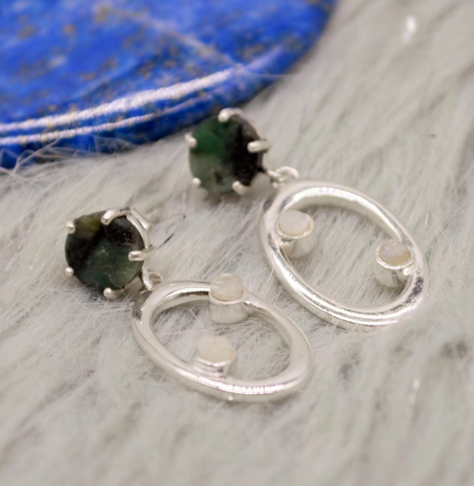 Emerald, Moonstone Silver Earrings, Emerald Jewelry, May Birthstone, Minimalist Green Earrings, Unique Sterling Silver Drop Earrings