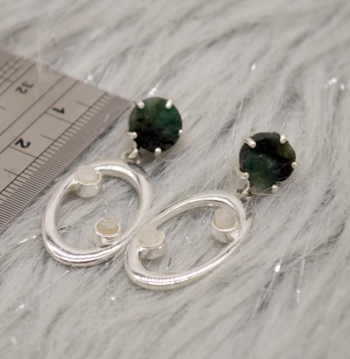 Emerald, Moonstone Silver Earrings, Emerald Jewelry, May Birthstone, Minimalist Green Earrings, Unique Sterling Silver Drop Earrings