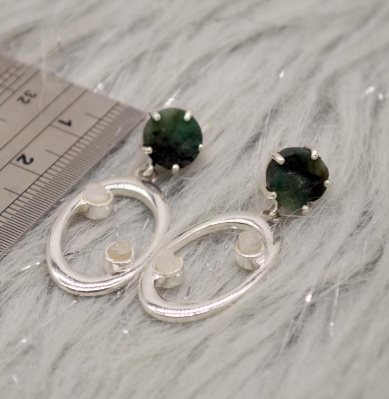Emerald, Moonstone Silver Earrings, Emerald Jewelry, May Birthstone, Minimalist Green Earrings, Unique Sterling Silver Drop Earrings