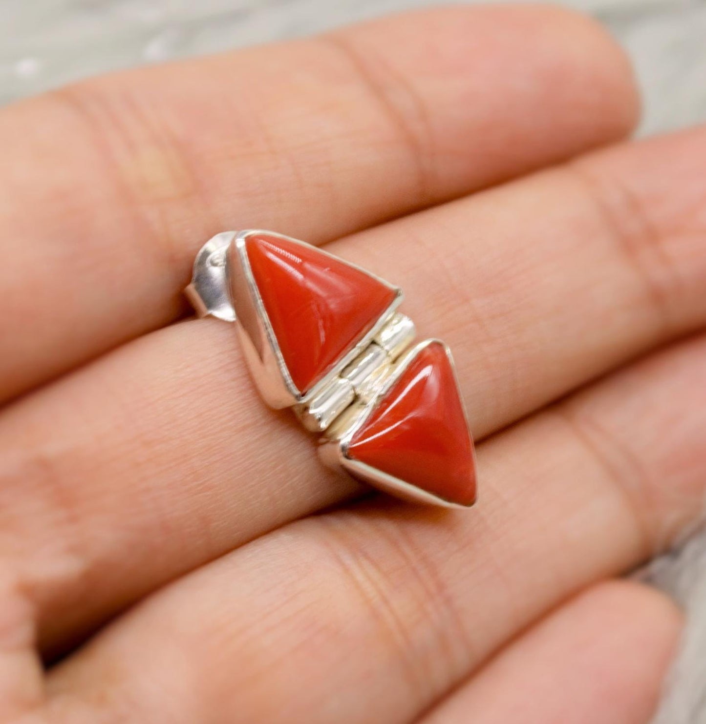 Red Coral Sterling Silver Earrings, Dainty Triangle Earrings, Minimalist Gemstone Earrings, Coral Jewelry, Christmas Gifts for Her
