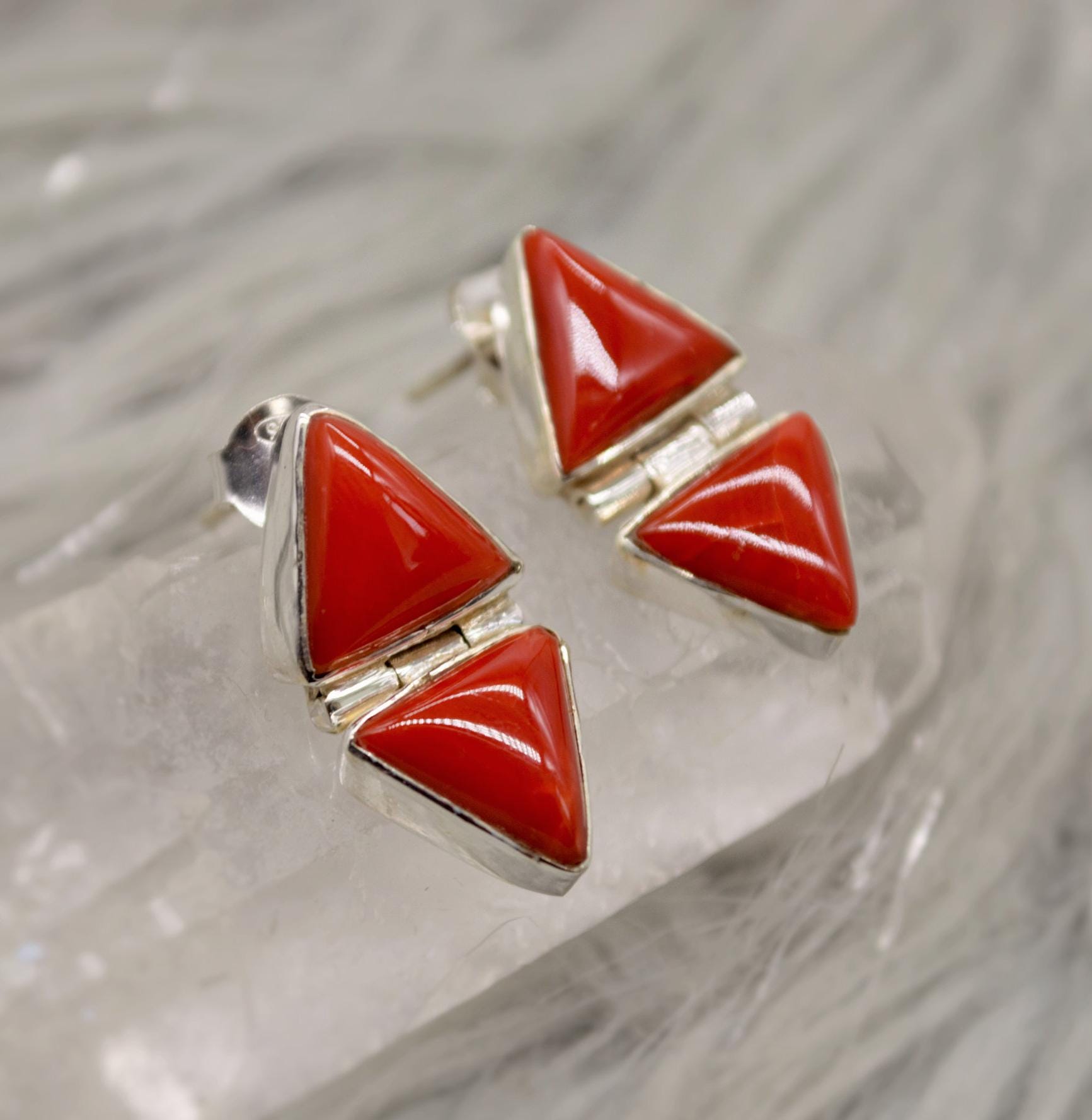 Red Coral Sterling Silver Earrings, Dainty Triangle Earrings, Minimalist Gemstone Earrings, Coral Jewelry, Christmas Gifts for Her