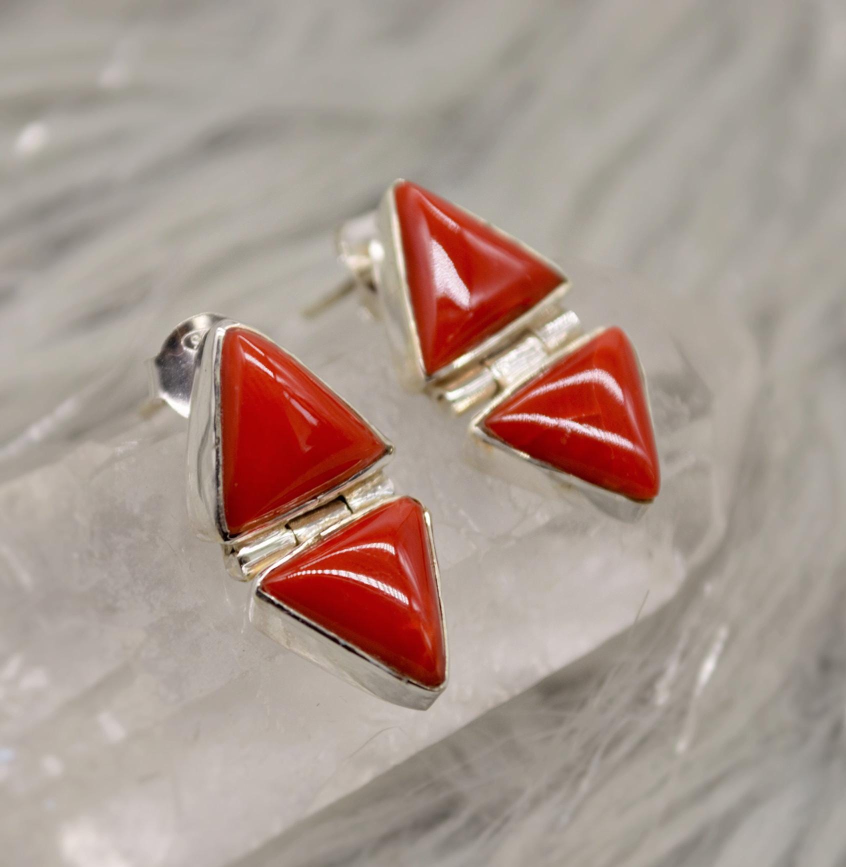 Red Coral Sterling Silver Earrings, Dainty Triangle Earrings, Minimalist Gemstone Earrings, Coral Jewelry, Christmas Gifts for Her