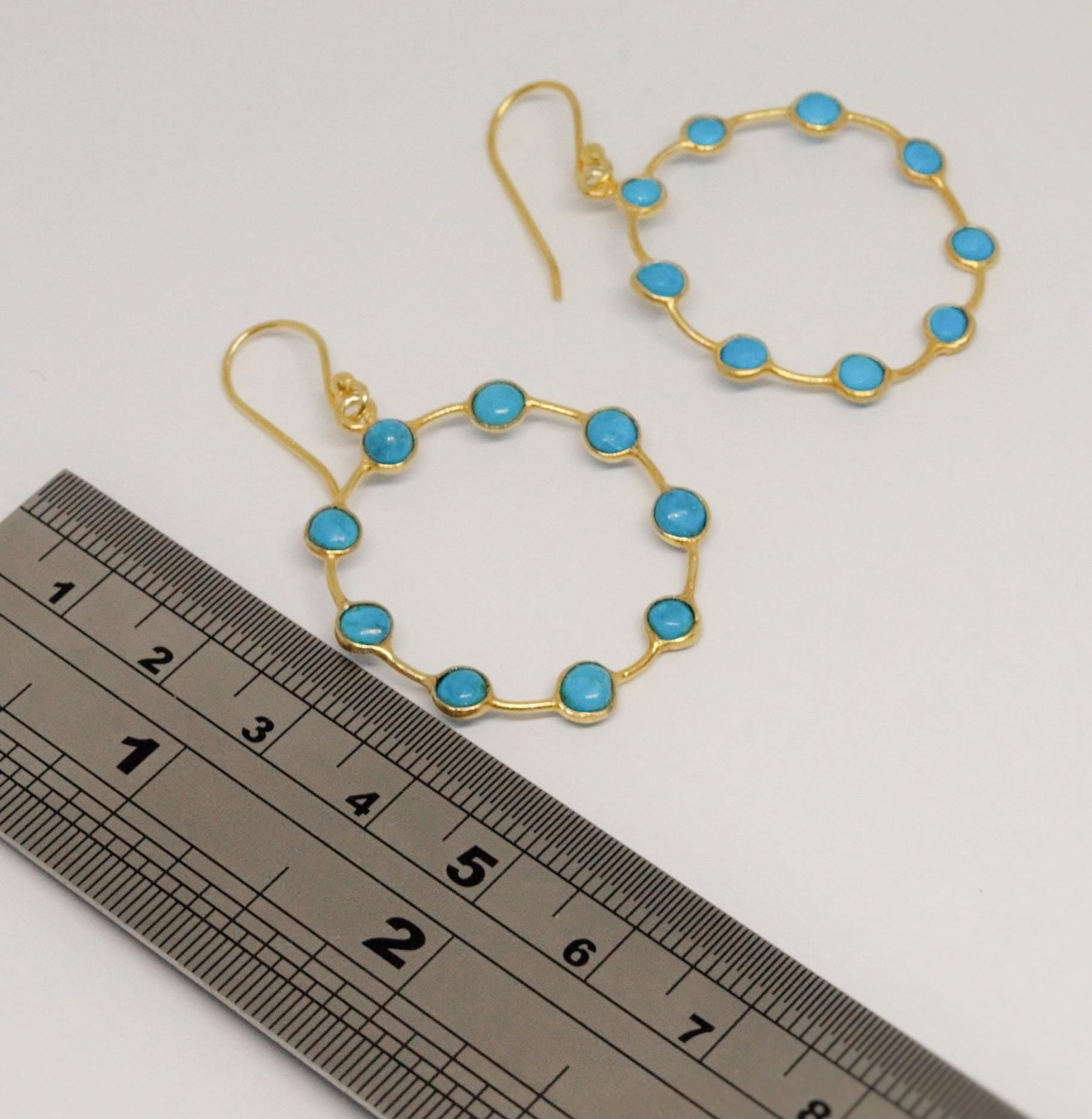 Blue Turquoise Gold Hoop Earrings, Turquoise Jewelry, December Birthstone Jewelry, Unique Gemstone Earring, Gold Plated Silver, Gift For Her