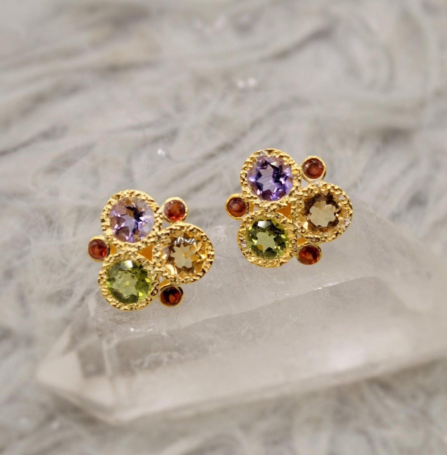 Citrine, Peridot, Amethyst, Garnet Silver Stud Earrings