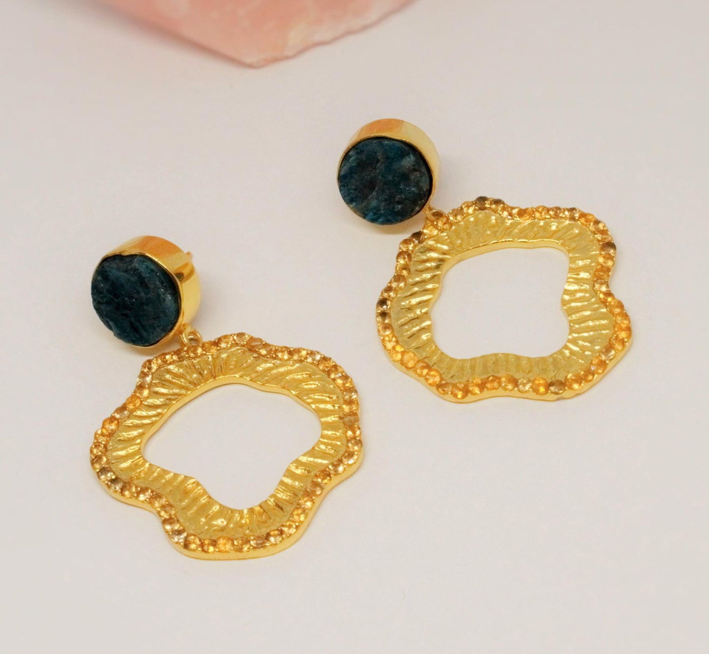 Blue Apatite, Citrine Gold Earrings, Unique November Birthstone, Handmade Statement Earrings, Bridesmaid Gift for her, Indian Jewelry