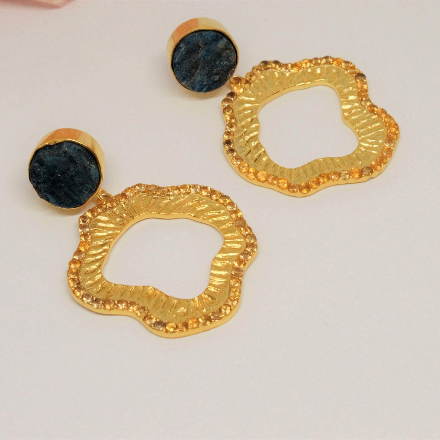 Blue Apatite, Citrine Gold Earrings, Unique November Birthstone, Handmade Statement Earrings, Bridesmaid Gift for her, Indian Jewelry