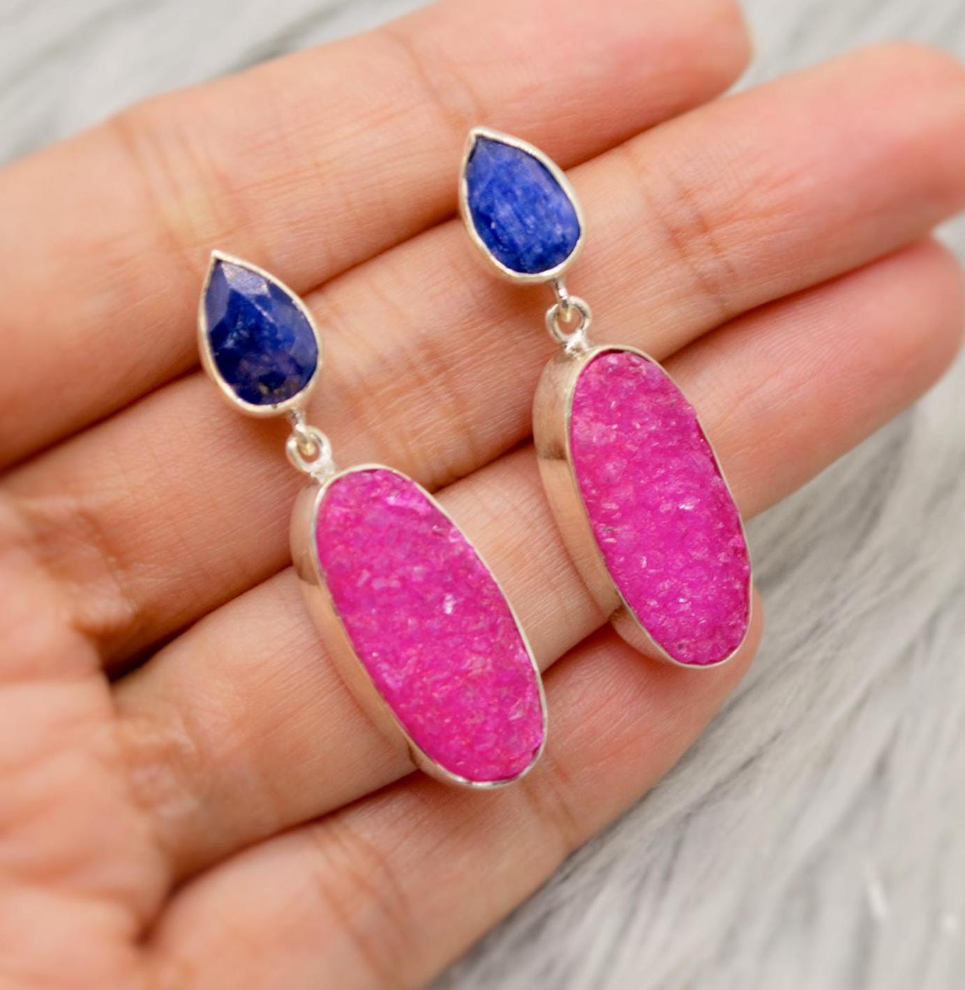 Blue Sapphire, Pink Druzy Agate Silver Earrings, September Birthstone Sapphire Earrings, Elegant Unique Boho Earrings Gift For Her