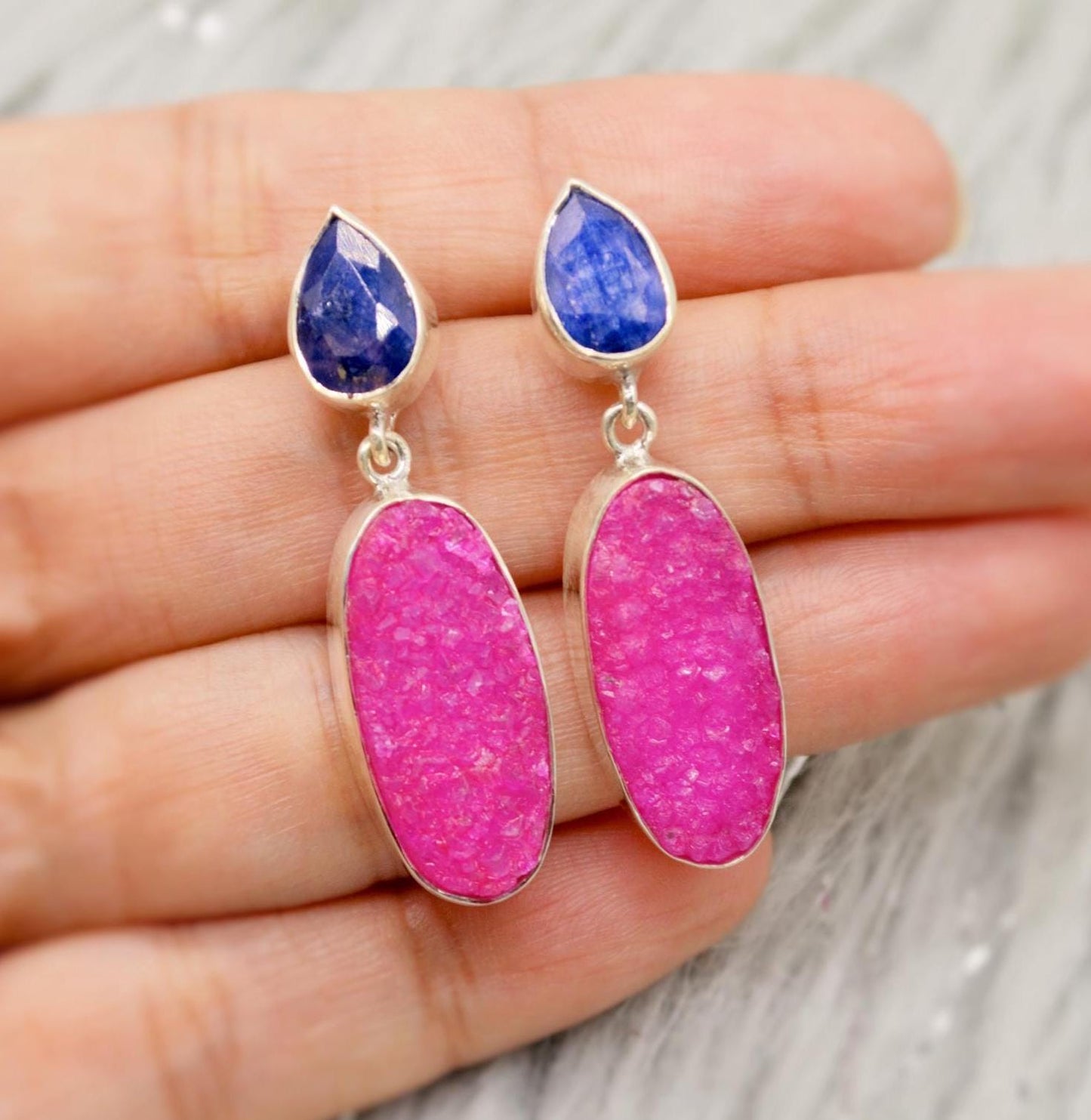 Blue Sapphire, Pink Druzy Agate Silver Earrings, September Birthstone Sapphire Earrings, Elegant Unique Boho Earrings Gift For Her