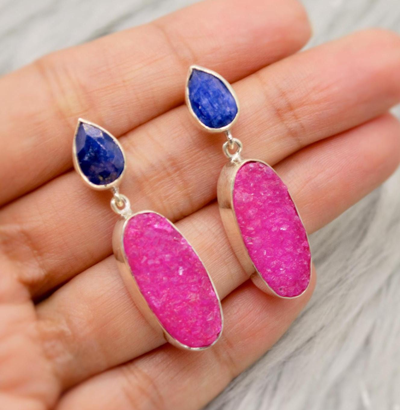 Blue Sapphire, Pink Druzy Agate Silver Earrings, September Birthstone Sapphire Earrings, Elegant Unique Boho Earrings Gift For Her