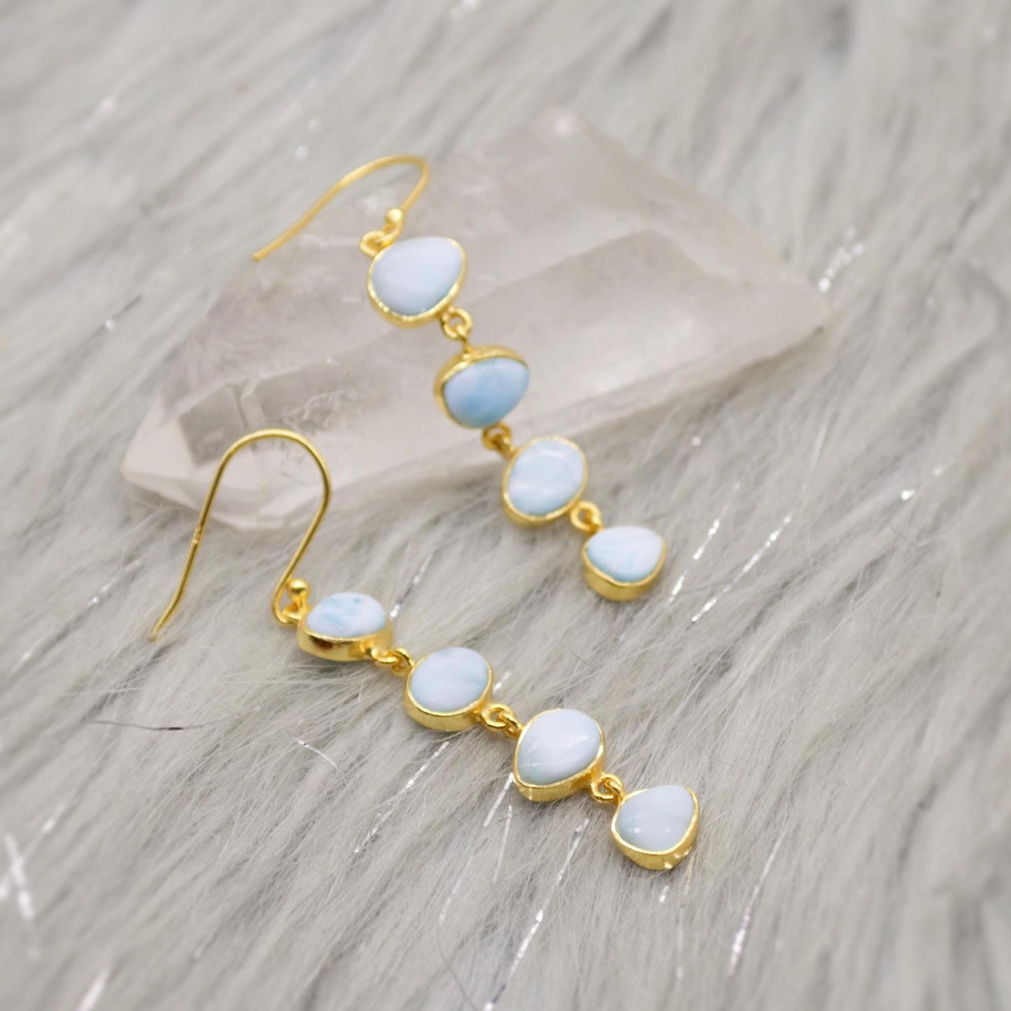 Larimar Dangle Drop Earrings, Gold Plated Sterling Silver Earrings, Blue Larimar Stone, Unique Larimar Gemstone, Handmade Gifts For Her