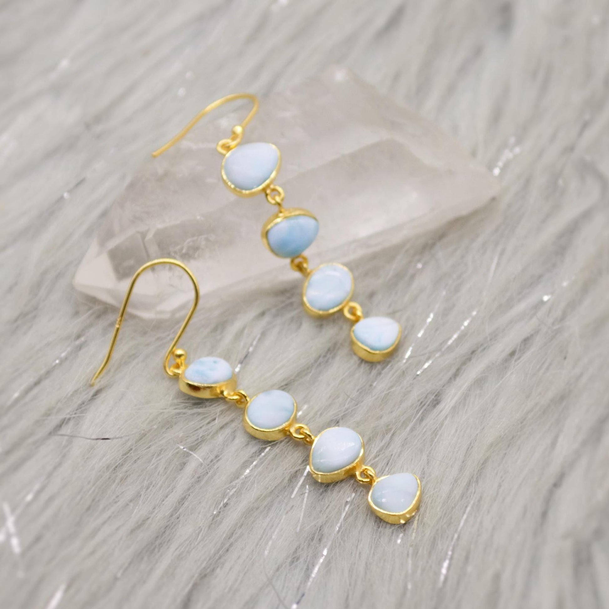 Larimar Dangle Drop Earrings, Gold Plated Sterling Silver Earrings, Blue Larimar Stone, Unique Larimar Gemstone, Handmade Gifts For Her