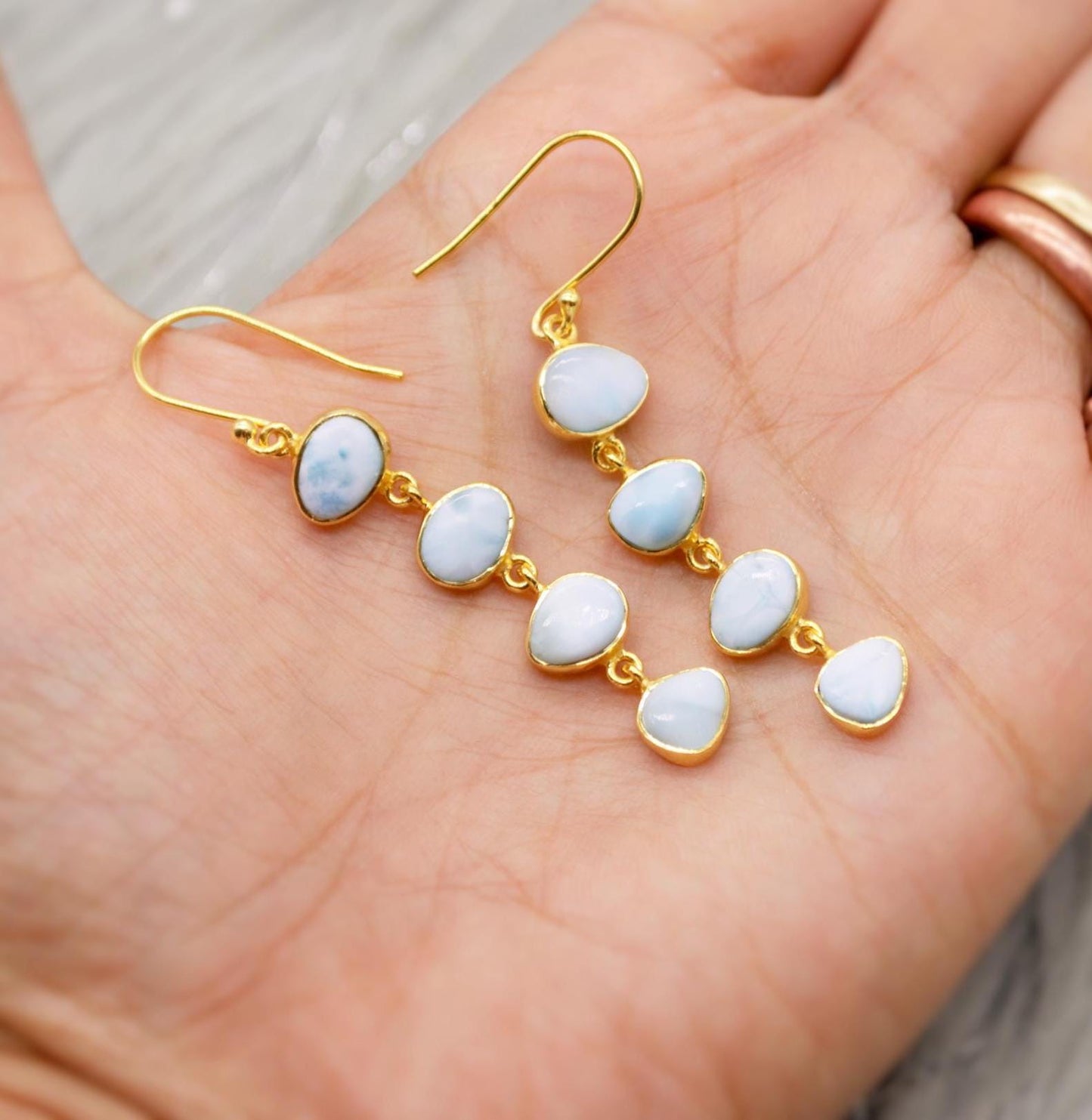 Larimar Dangle Drop Earrings, Gold Plated Sterling Silver Earrings, Blue Larimar Stone, Unique Larimar Gemstone, Handmade Gifts For Her