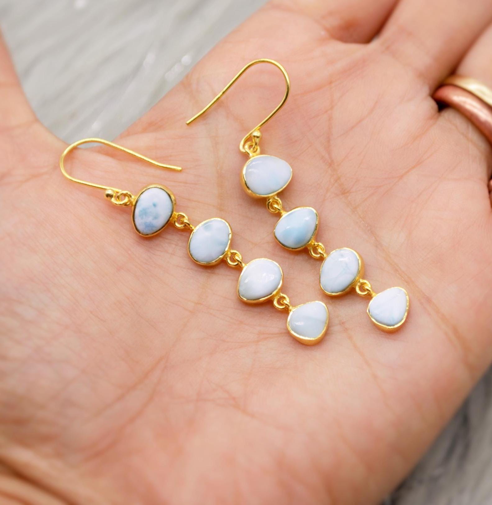 Larimar Dangle Drop Earrings, Gold Plated Sterling Silver Earrings, Blue Larimar Stone, Unique Larimar Gemstone, Handmade Gifts For Her