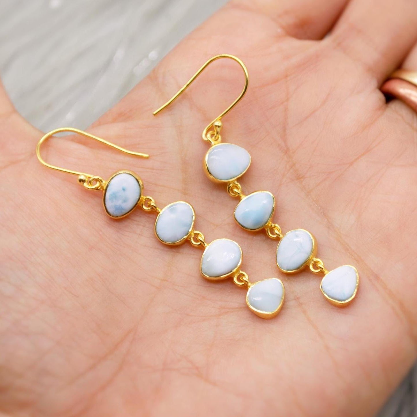 Larimar Dangle Drop Earrings, Gold Plated Sterling Silver Earrings, Blue Larimar Stone, Unique Larimar Gemstone, Handmade Gifts For Her