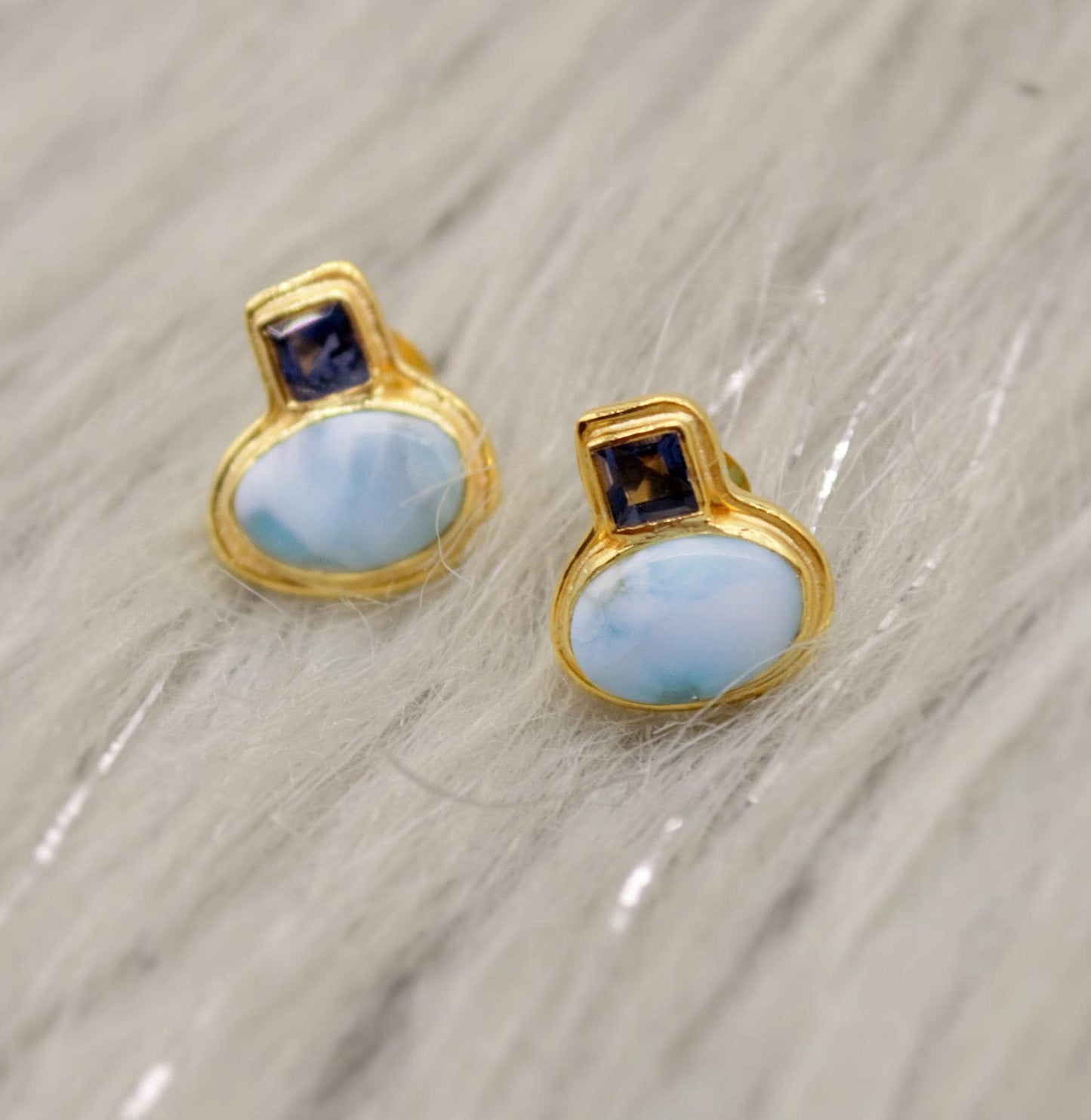 Larimar Earrings, Iolite and Larimar Gemstone, Gold Plated Sterling silver, Dainty Studs Earrings, Handmade Birthday Gift For Her