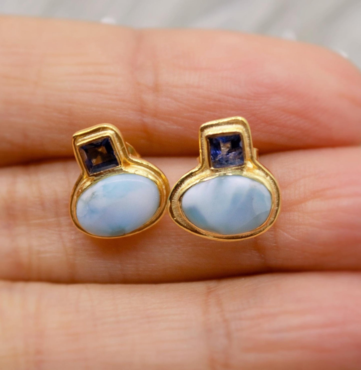 Larimar Earrings, Iolite and Larimar Gemstone, Gold Plated Sterling silver, Dainty Studs Earrings, Handmade Birthday Gift For Her