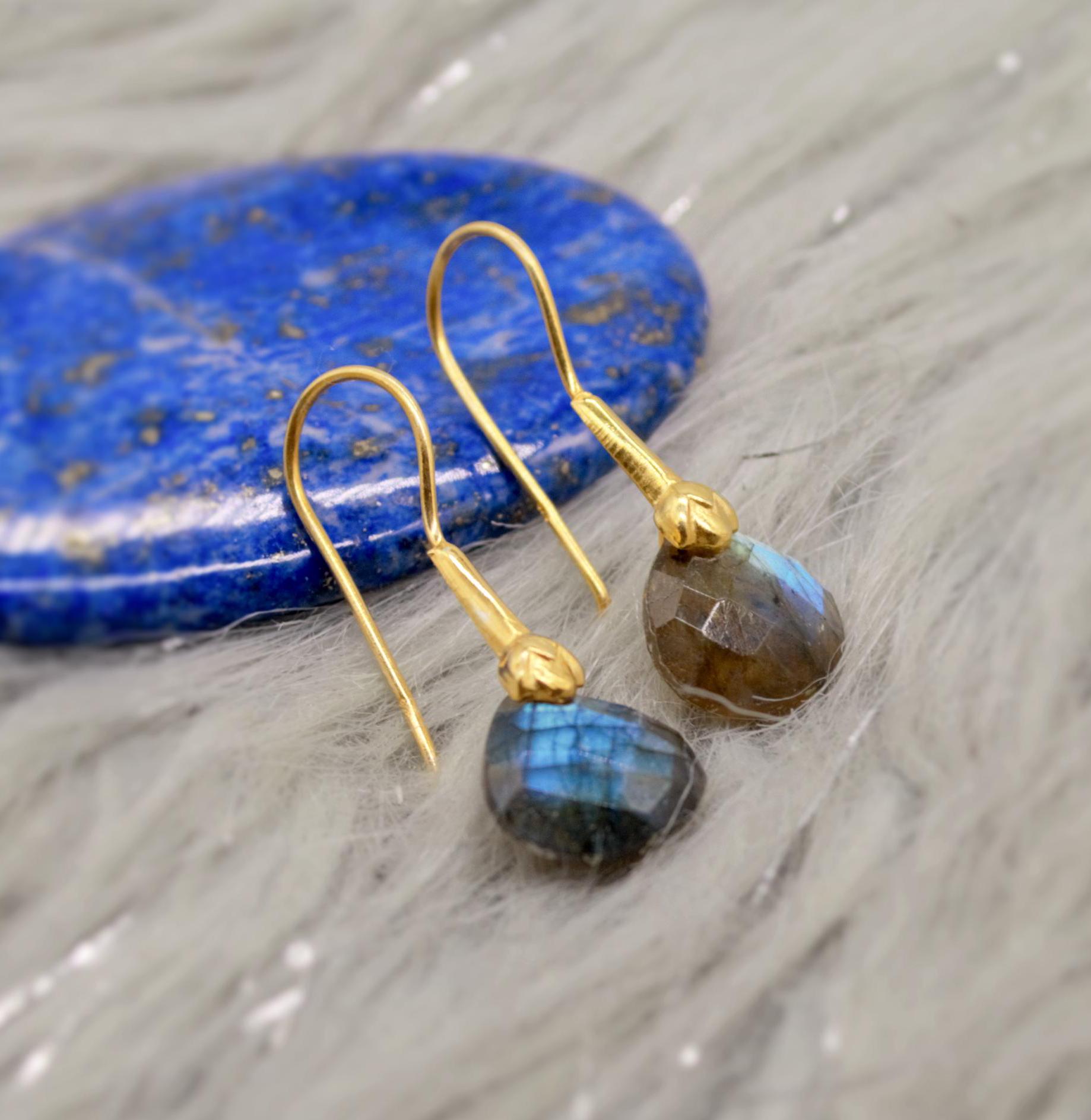 Labradorite Dangle Silver Earrings, Gold Plated Sterling Silver, Handmade Gemstone Earrings, Labradorite Stone Jewelry, Gift For Her