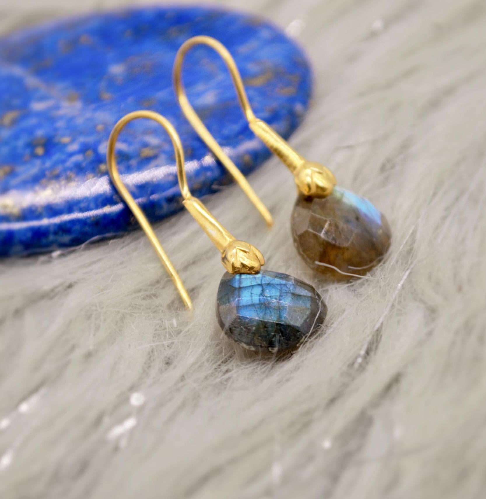 Labradorite Dangle Silver Earrings, Gold Plated Sterling Silver, Handmade Gemstone Earrings, Labradorite Stone Jewelry, Gift For Her