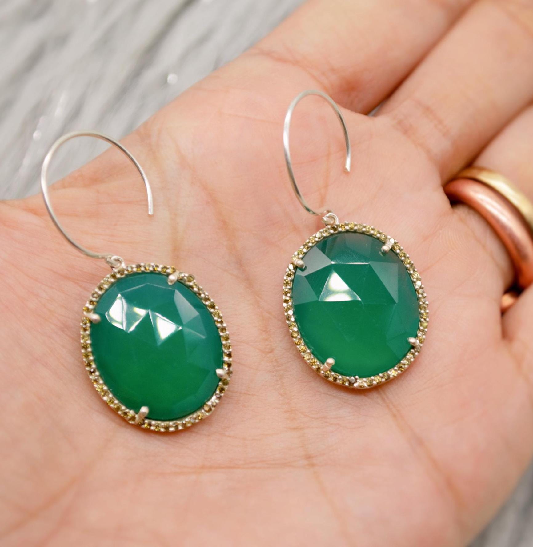 Green Onyx Dangle Earrings, Sterling Silver Gemstone Drops for Her, Unique Bridesmaid Gift, Elegant Birthday Jewelry