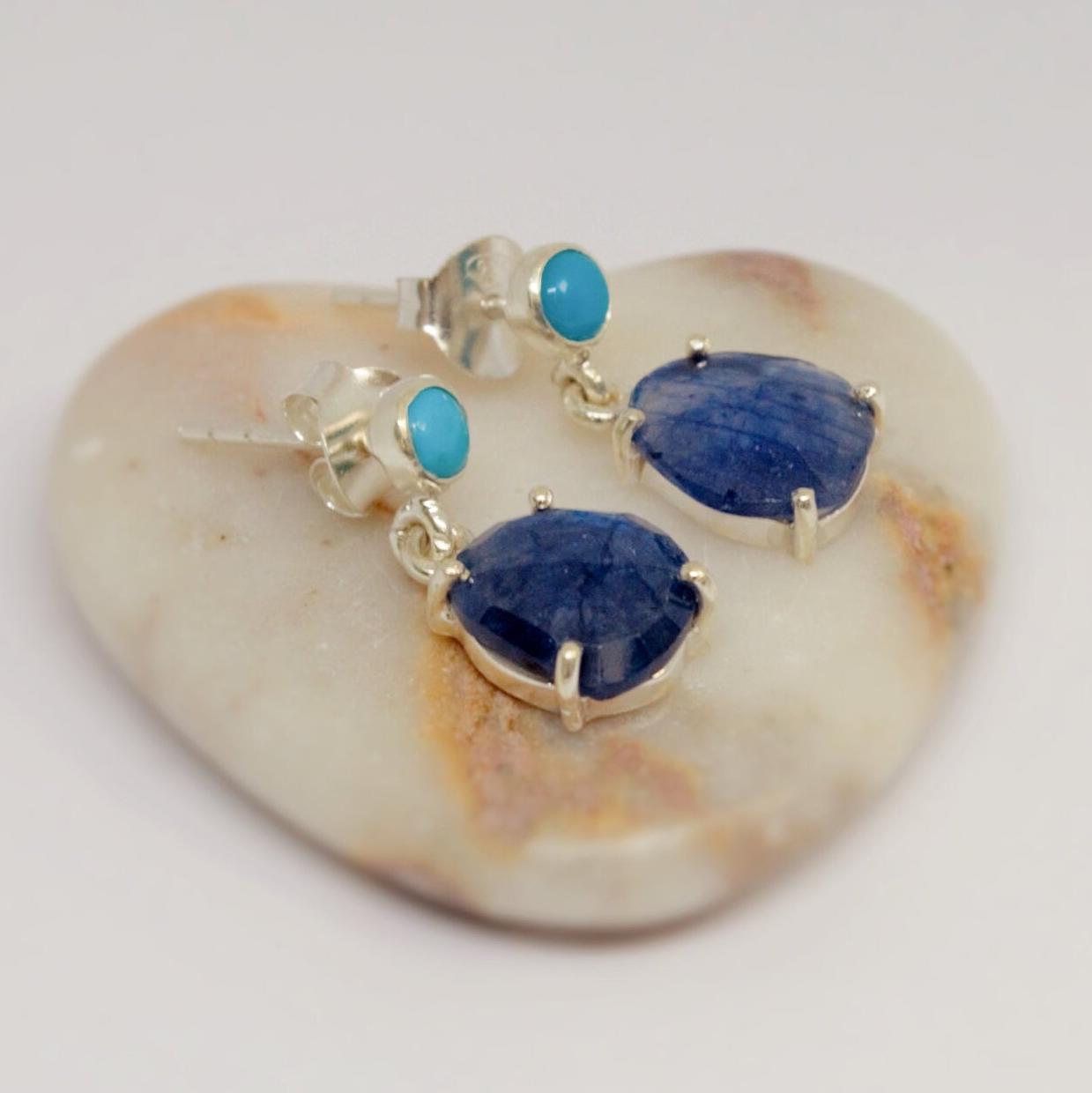 Blue Sapphire, Turquoise Earrings, Sterling Silver Teardrop Earrings, September, December Birthstone, Birthday Gift For Her, Cute Gemstone