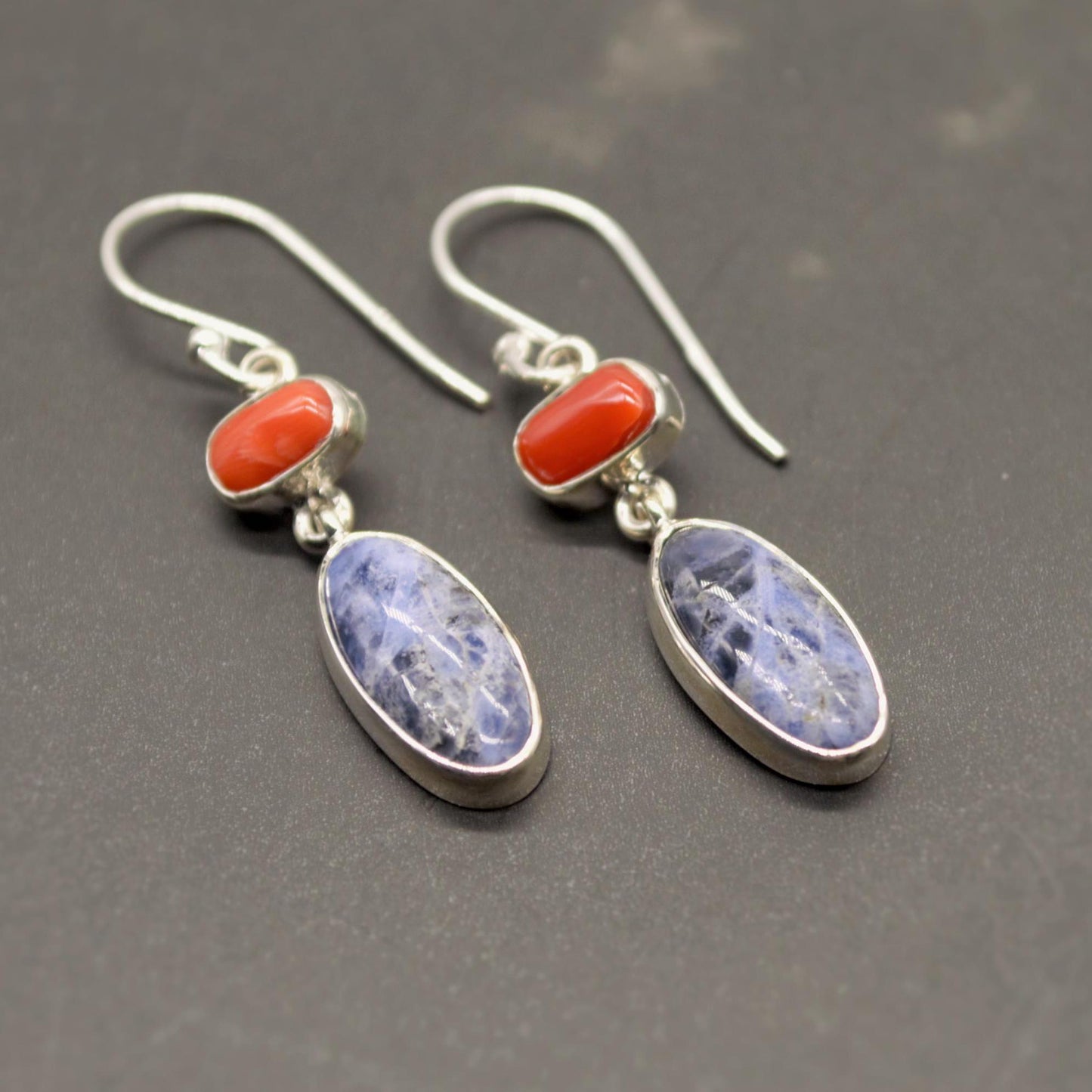 Red Coral, Blue Sapphire Silver Dangle Earrings - Handmade Gift for Her, September Birthstone Earrings