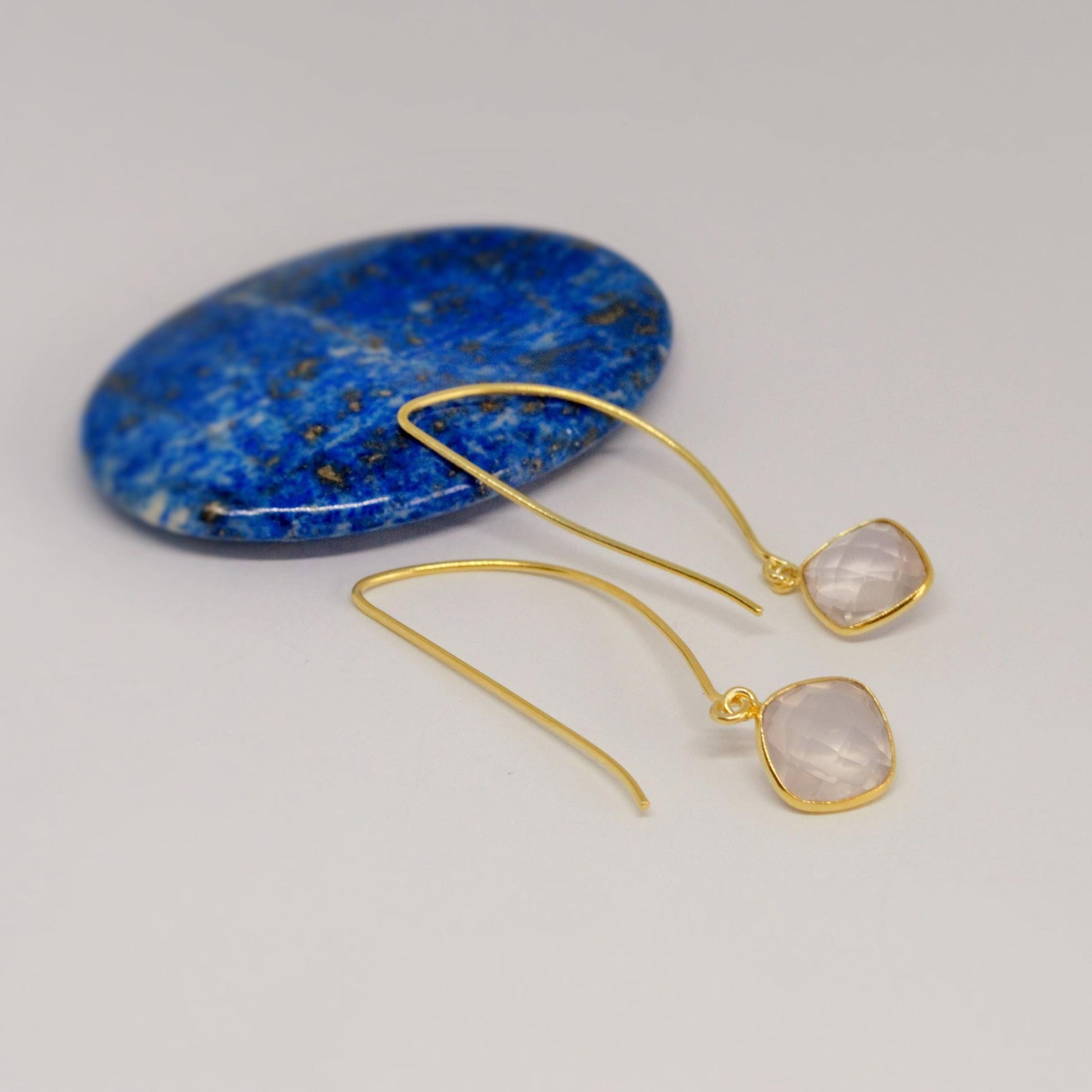 Rose Quartz Gold Earrings, Gold Plated Gemstone Earrings, Unique Dangle Drop Earrings, Birthday Gifts For Her