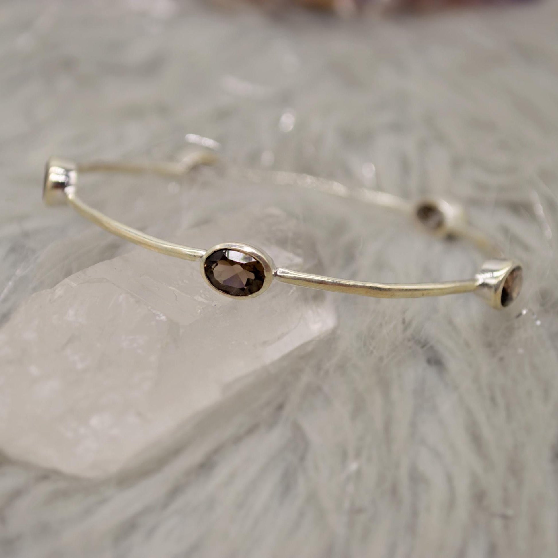 Smoky Quartz Silver Bangle Bracelet, Sterling Silver Bracelets For Women, 6cm Diameter, Unique Handmade Brown Gemstone Bangle