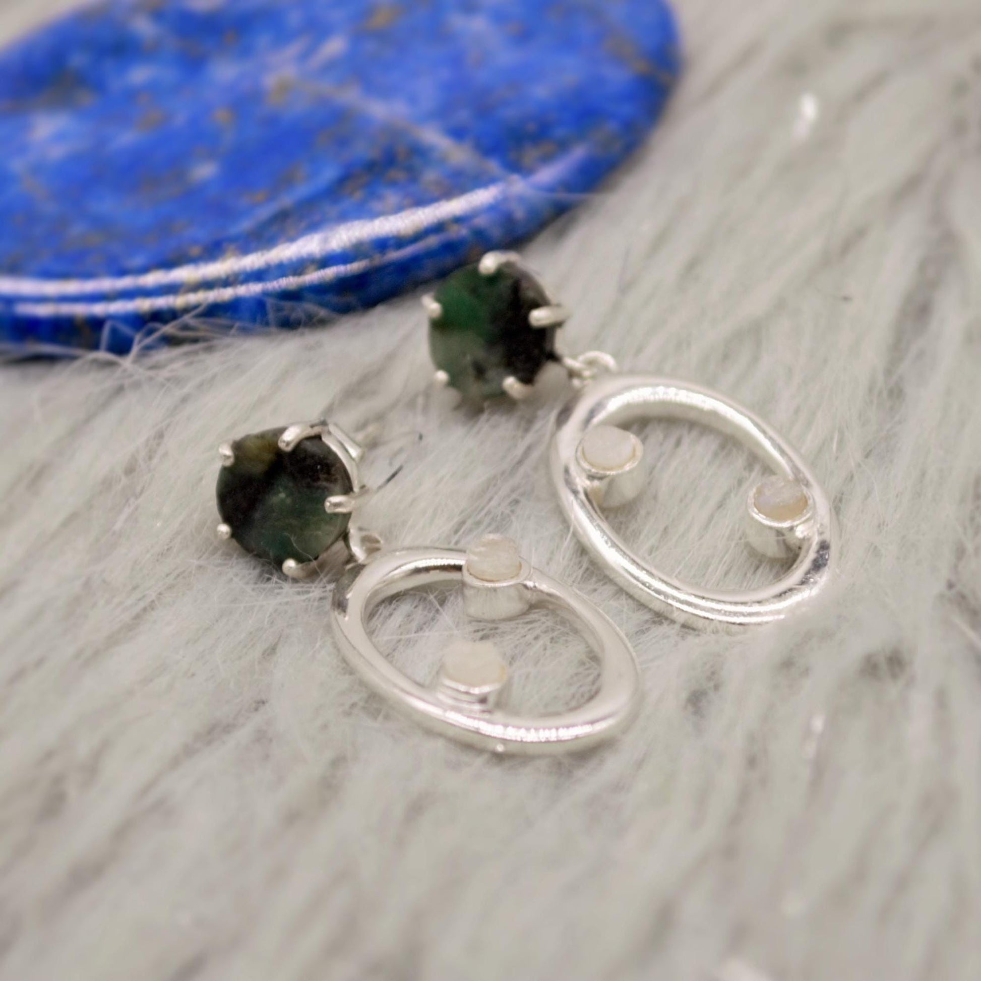 Emerald, Moonstone Silver Earrings, Emerald Jewelry, May Birthstone, Minimalist Green Earrings, Unique Sterling Silver Drop Earrings