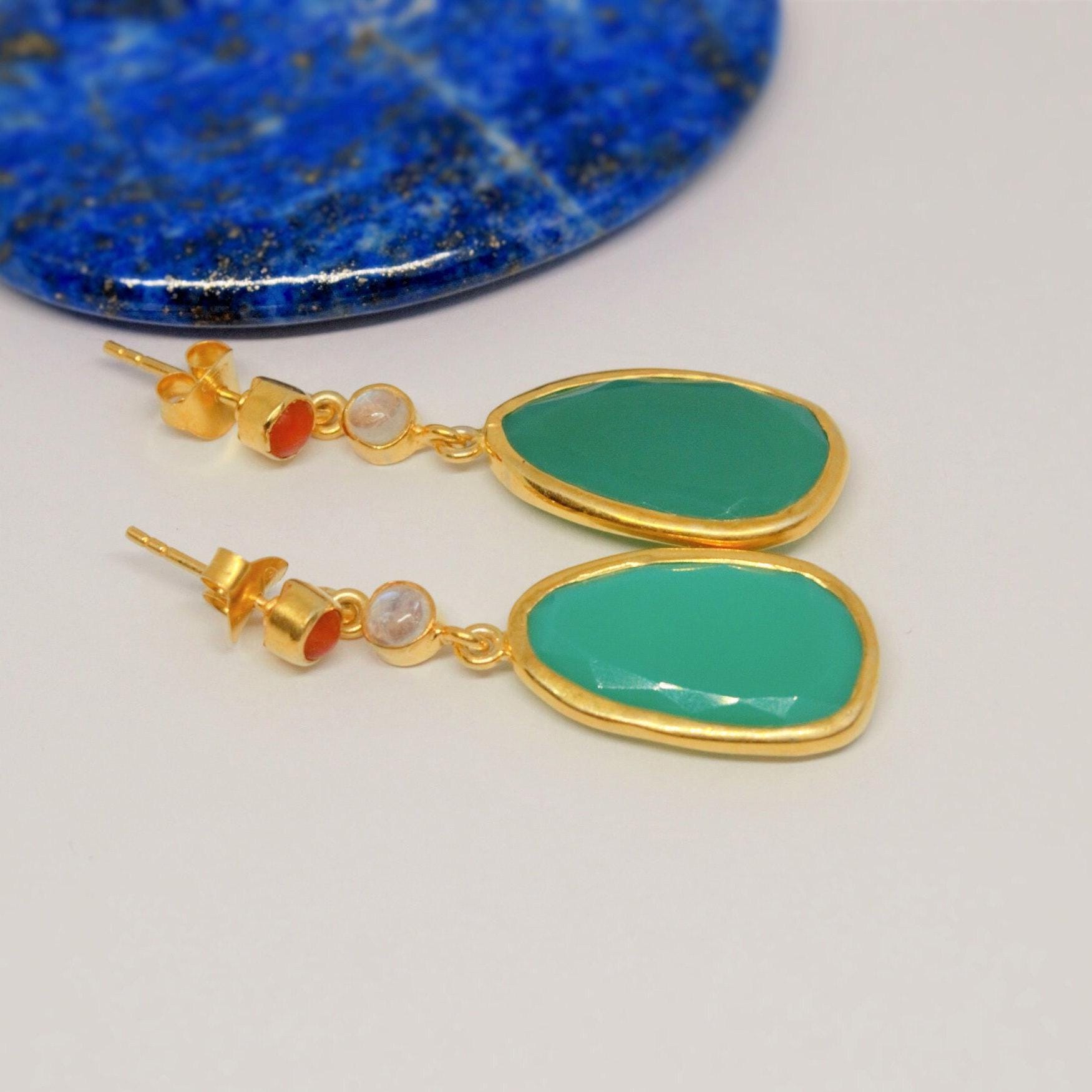 Chalcedony, Moonstone, Coral Earrings, Chalcedony Jewelry, Gold Plated 925 Sterling Silver Earrings, Green Earrings, Mothers Day Gift
