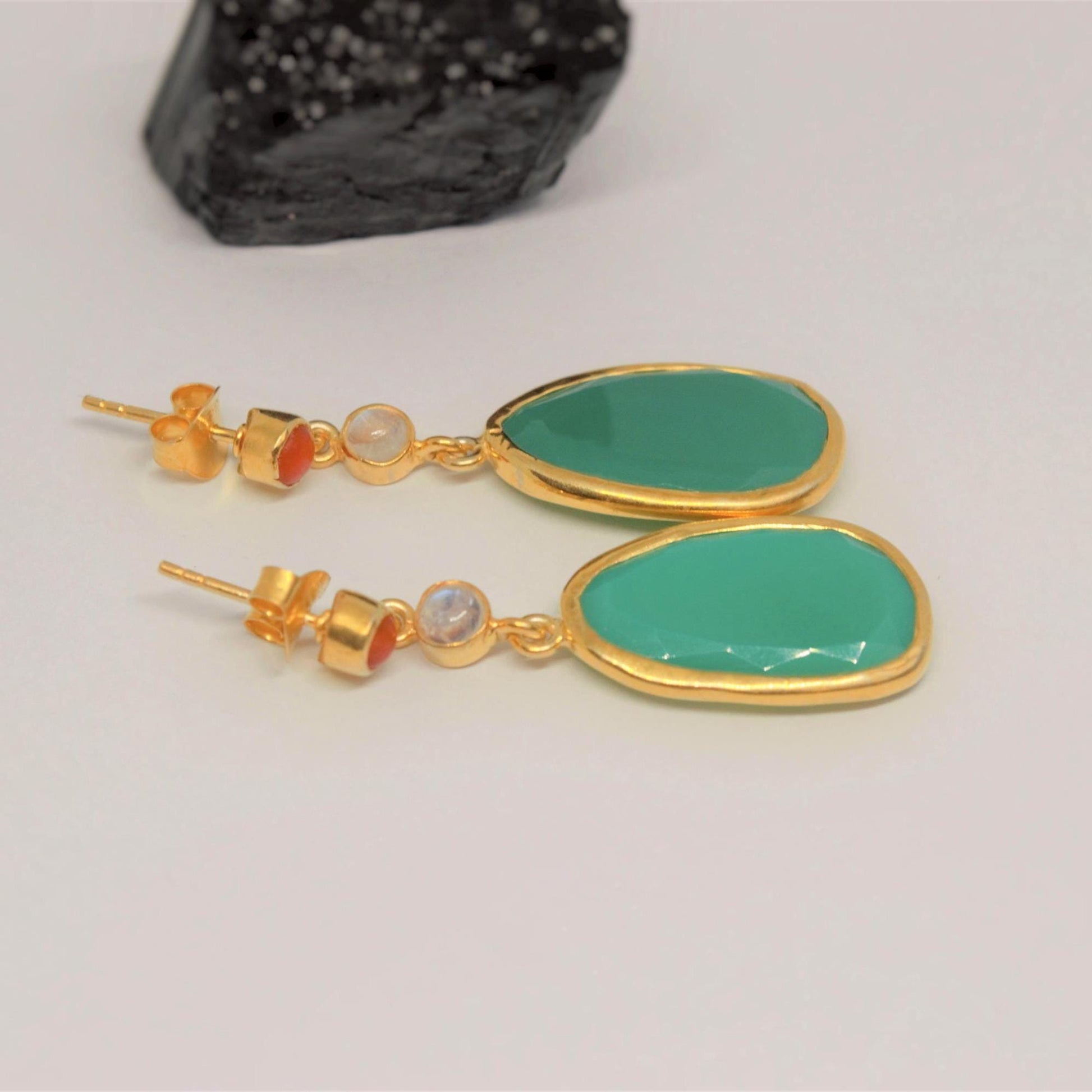 Chalcedony, Moonstone, Coral Earrings, Chalcedony Jewelry, Gold Plated 925 Sterling Silver Earrings, Green Earrings, Mothers Day Gift