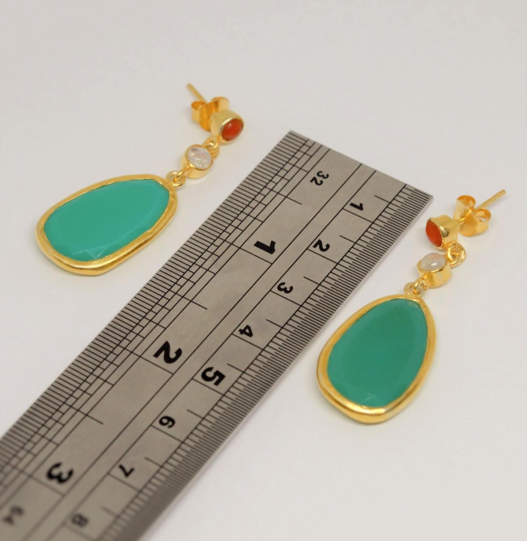 Chalcedony, Moonstone, Coral Earrings, Chalcedony Jewelry, Gold Plated 925 Sterling Silver Earrings, Green Earrings, Mothers Day Gift