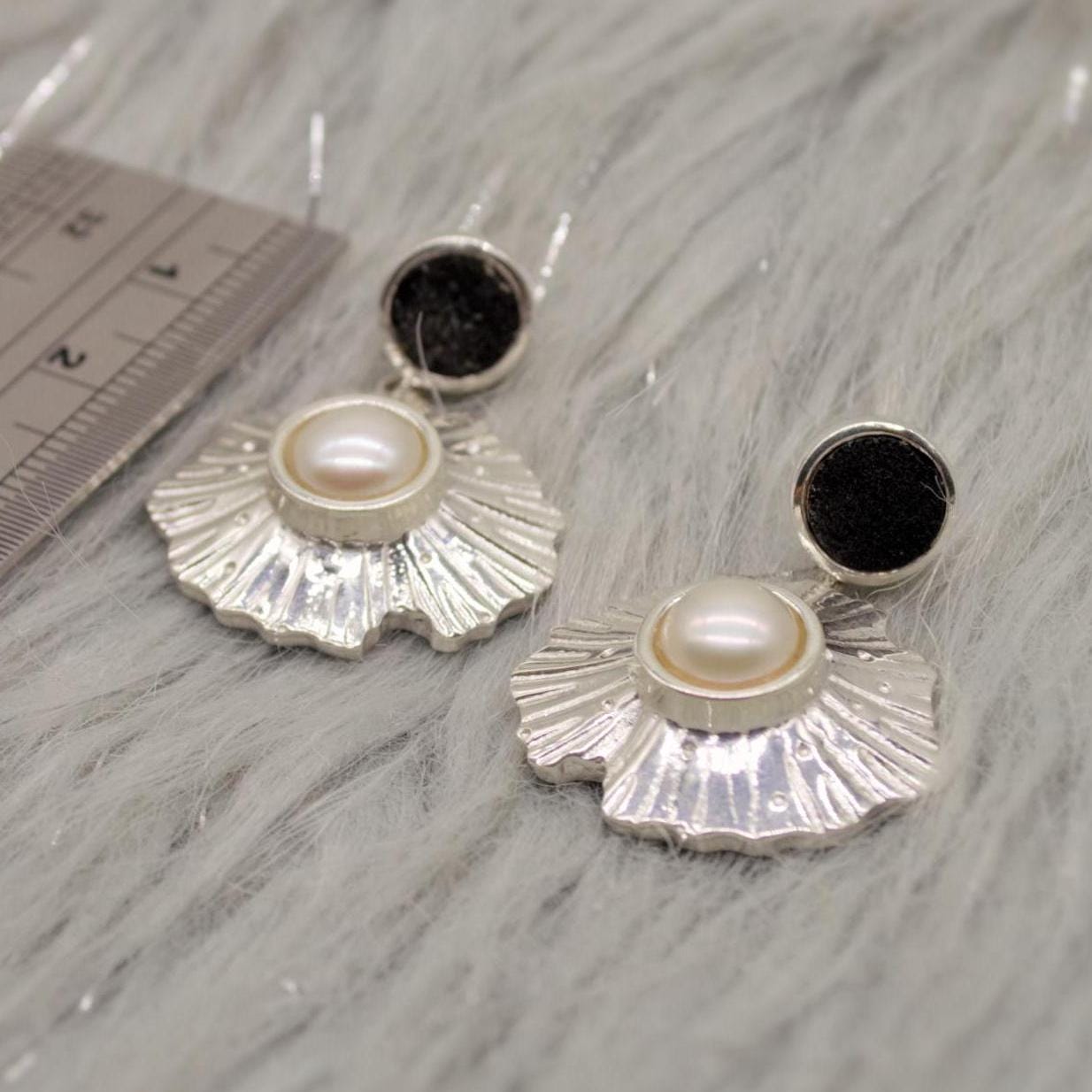 Pearl, Black Onyx Sterling Silver Earrings, June Birthstone, Dainty Statement Unique Gemstone Dangle Drop Earrings, Gifts For Her