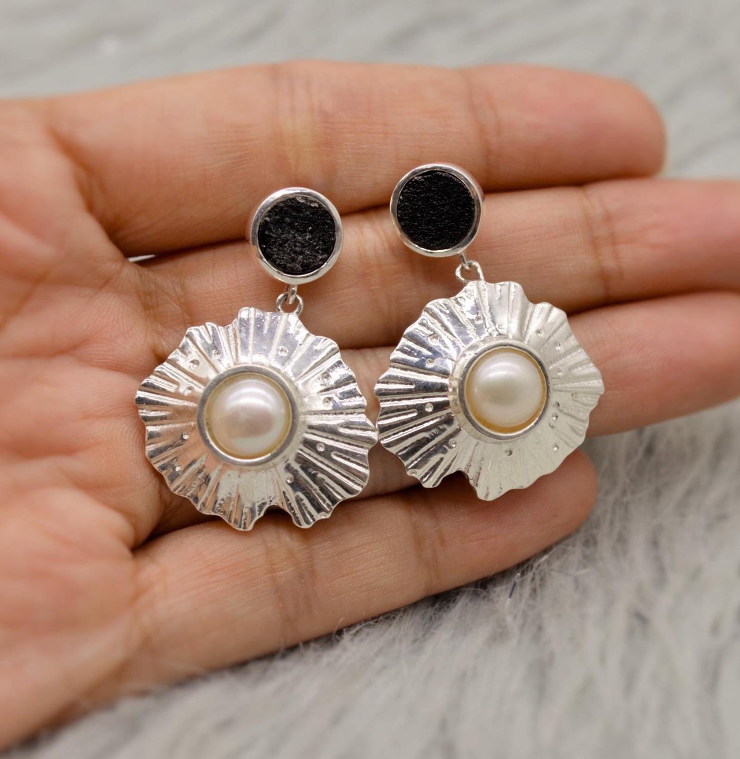 Pearl, Black Onyx Sterling Silver Earrings, June Birthstone, Dainty Statement Unique Gemstone Dangle Drop Earrings, Gifts For Her