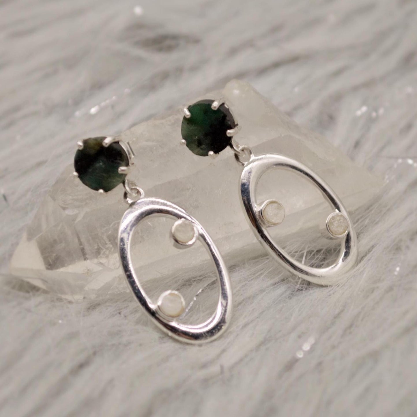 Emerald, Moonstone Silver Earrings, Emerald Jewelry, May Birthstone, Minimalist Green Earrings, Unique Sterling Silver Drop Earrings