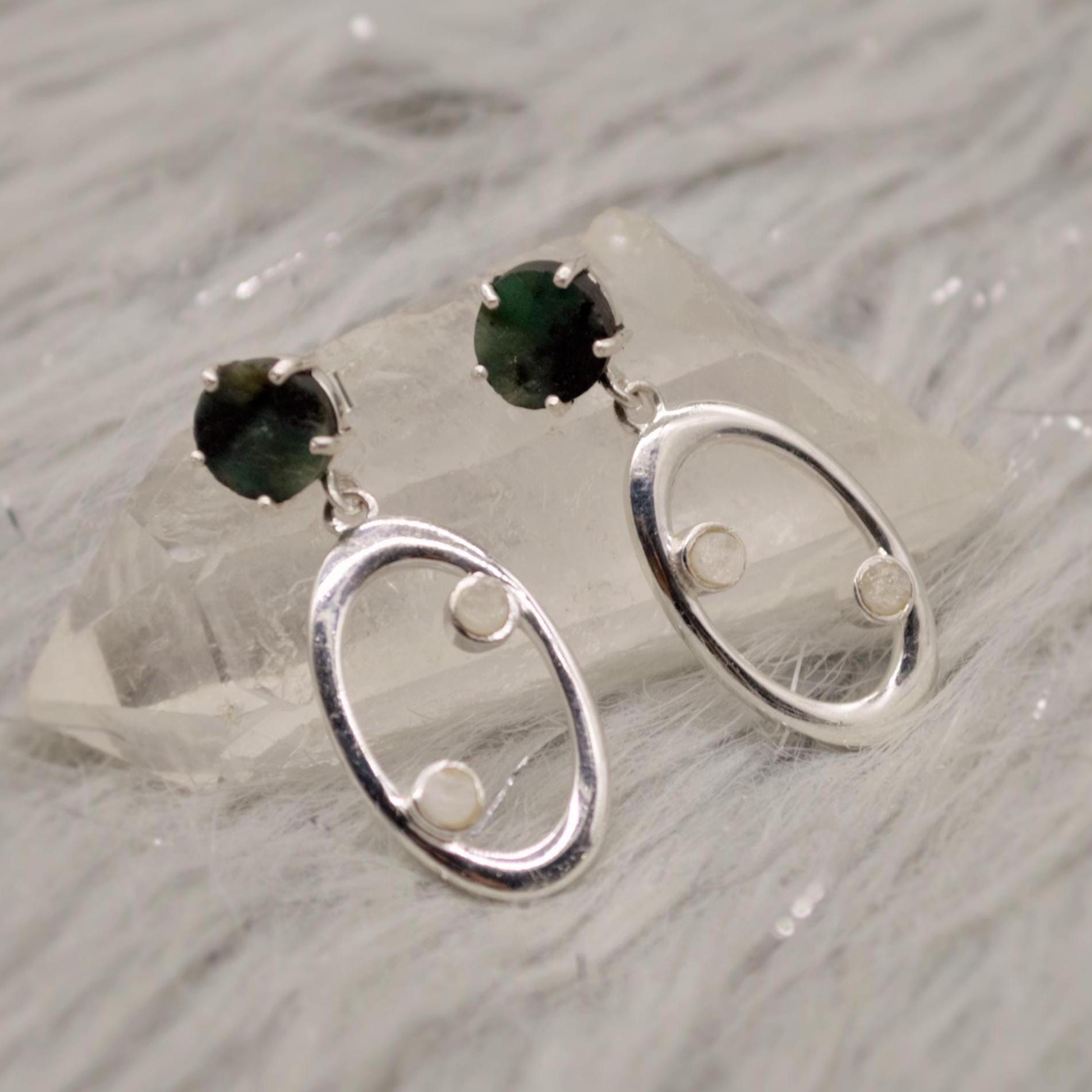 Emerald, Moonstone Silver Earrings, Emerald Jewelry, May Birthstone, Minimalist Green Earrings, Unique Sterling Silver Drop Earrings