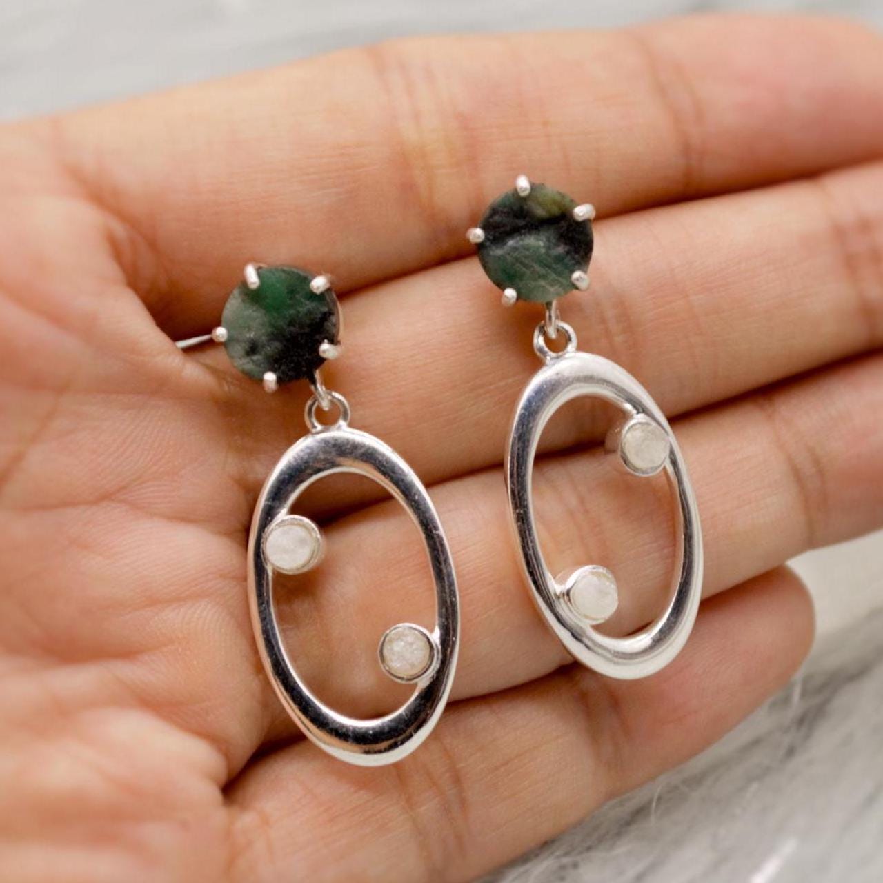 Emerald, Moonstone Silver Earrings, Emerald Jewelry, May Birthstone, Minimalist Green Earrings, Unique Sterling Silver Drop Earrings
