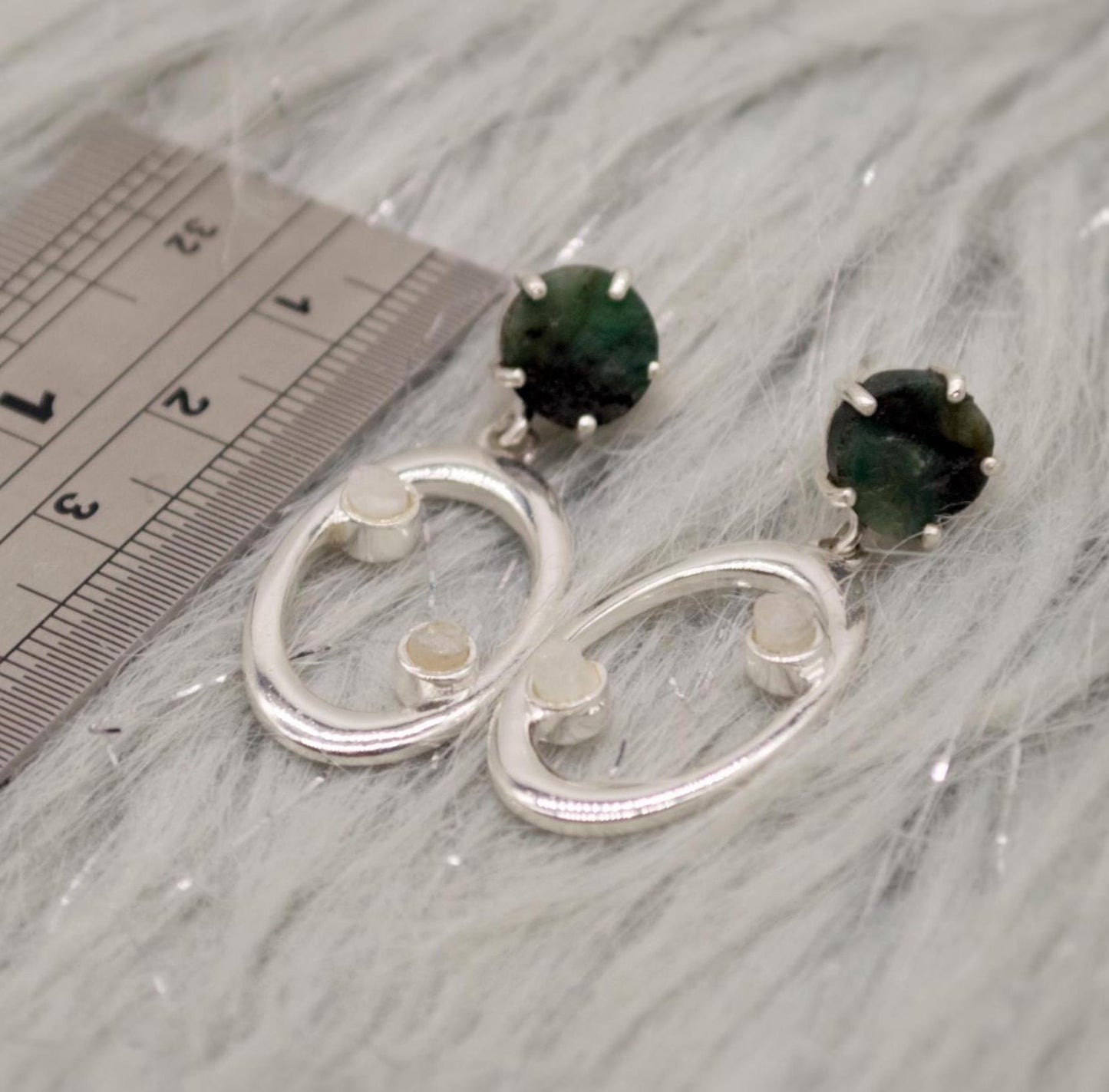 Emerald, Moonstone Silver Earrings, Emerald Jewelry, May Birthstone, Minimalist Green Earrings, Unique Sterling Silver Drop Earrings