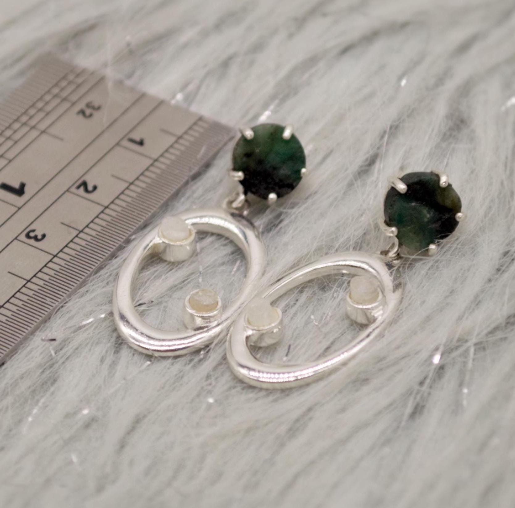 Emerald, Moonstone Silver Earrings, Emerald Jewelry, May Birthstone, Minimalist Green Earrings, Unique Sterling Silver Drop Earrings