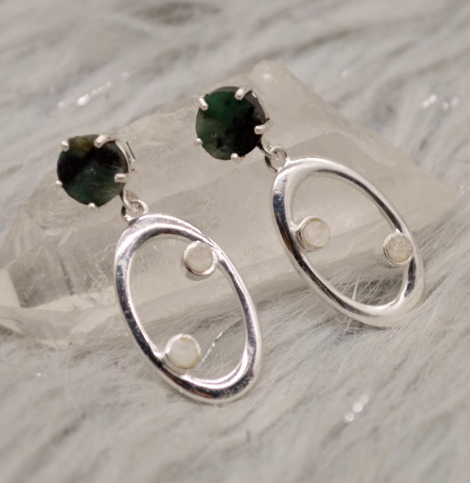 Emerald, Moonstone Silver Earrings, Emerald Jewelry, May Birthstone, Minimalist Green Earrings, Unique Sterling Silver Drop Earrings