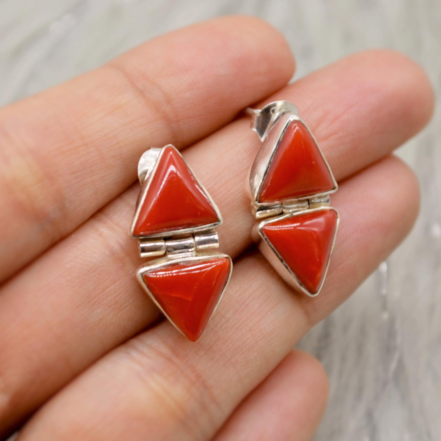 Red Coral Sterling Silver Earrings, Dainty Triangle Earrings, Minimalist Gemstone Earrings, Coral Jewelry, Christmas Gifts for Her