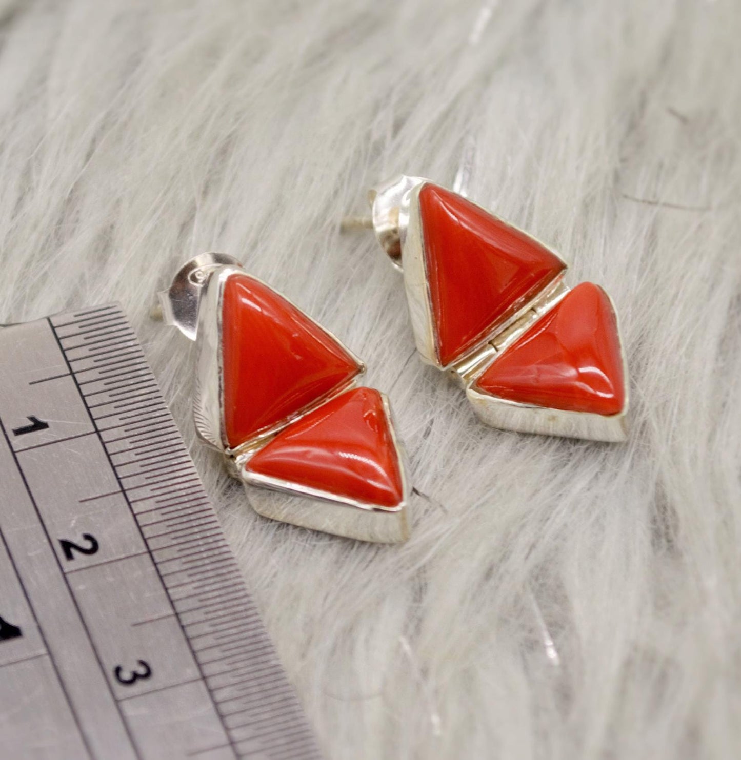 Red Coral Sterling Silver Earrings, Dainty Triangle Earrings, Minimalist Gemstone Earrings, Coral Jewelry, Christmas Gifts for Her