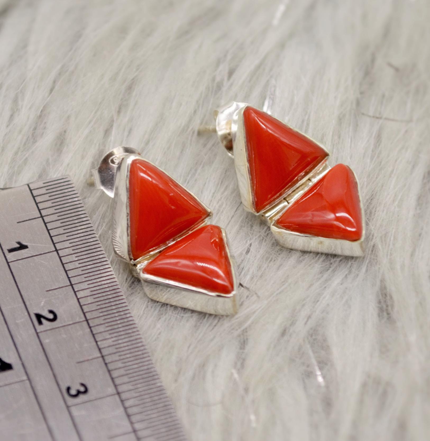 Red Coral Sterling Silver Earrings, Dainty Triangle Earrings, Minimalist Gemstone Earrings, Coral Jewelry, Christmas Gifts for Her