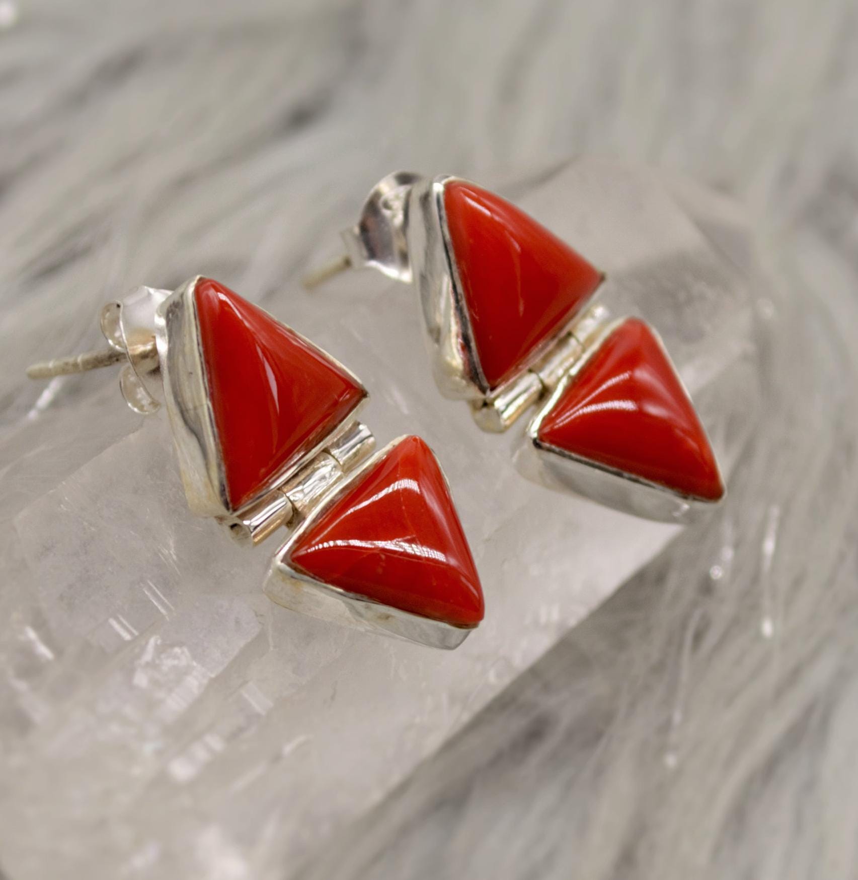 Red Coral Sterling Silver Earrings, Dainty Triangle Earrings, Minimalist Gemstone Earrings, Coral Jewelry, Christmas Gifts for Her