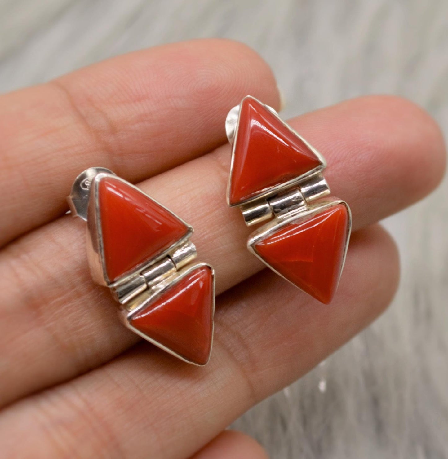 Red Coral Sterling Silver Earrings, Dainty Triangle Earrings, Minimalist Gemstone Earrings, Coral Jewelry, Christmas Gifts for Her