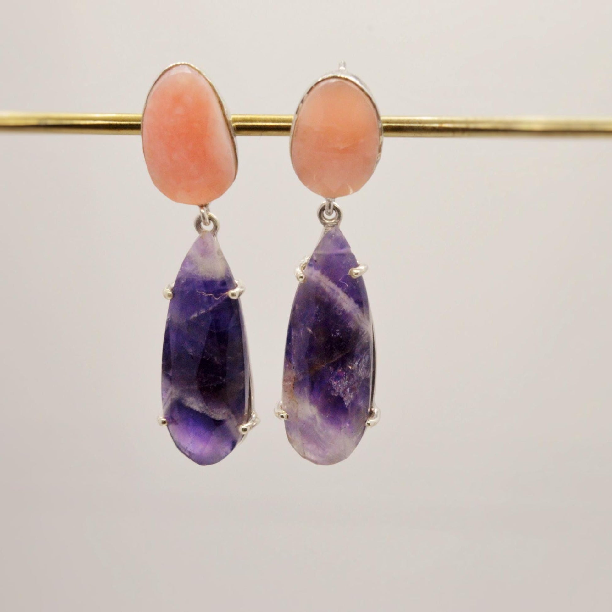 Pink Opal, Amethyst Silver Earrings, February Birthstone Amethyst Jewelry, Opal Dangle Earrings, Gifts For Her, Blue Peacock Earrings